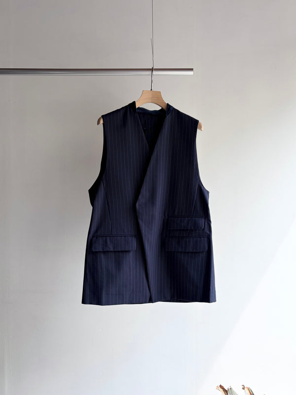 【 RhodolirioN 】CHANGE POCKET VEST - GABARDINE - / Navy Stripe