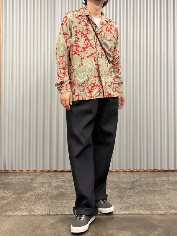 【m's braque】LONG SLEEVE ALOHA SHIRT / Red × Khaki Ethnic Pattern