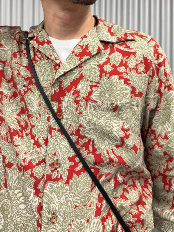 【m's braque】LONG SLEEVE ALOHA SHIRT / Red × Khaki Ethnic Pattern