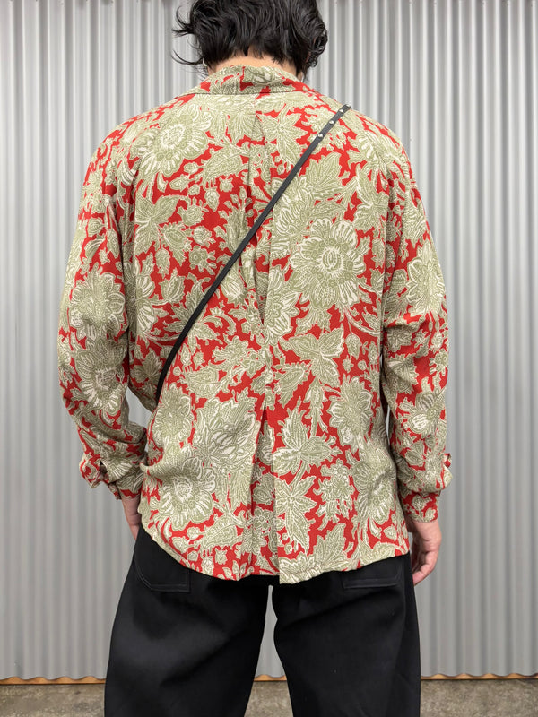 【m's braque】LONG SLEEVE ALOHA SHIRT / Red × Khaki Ethnic Pattern