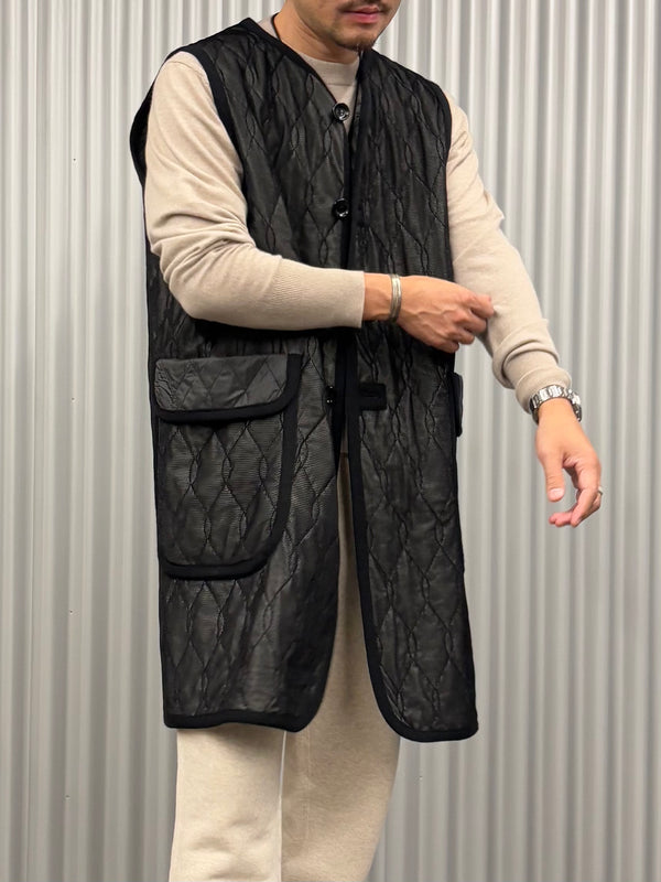 【m's braque】SILK-LOFT QUILTING CAR LONG VEST / Black Mesh × Grey Trim