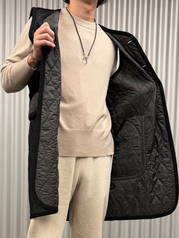 【m's braque】SILK-LOFT QUILTING CAR LONG VEST / Black Mesh × Grey Trim
