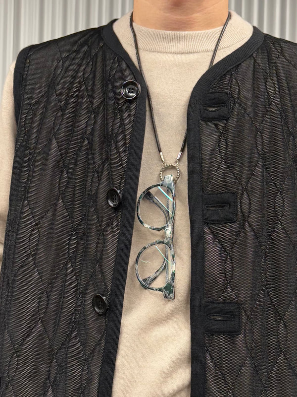 【m's braque】SILK-LOFT QUILTING CAR LONG VEST / Black Mesh × Grey Trim