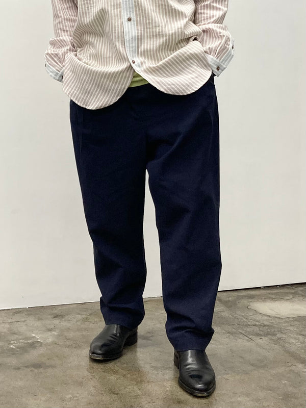 【frank leder / フランクリーダー】WASHED LINEN×COTTON 1TUCK TROUSERS  - WITH ADJUSTER - / Navy