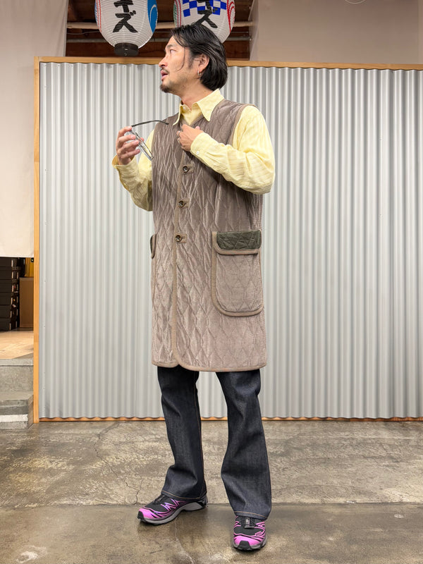 【m's braque】SILK-LOFT QUILTING CAR LONG VEST / Mocha Mesh × Khaki Trim