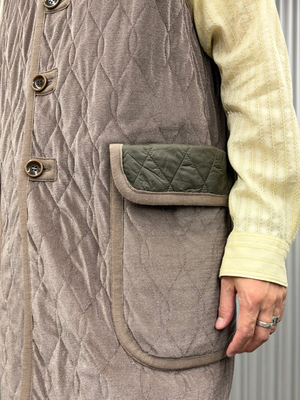 【m's braque】SILK-LOFT QUILTING CAR LONG VEST / Mocha Mesh × Khaki Trim