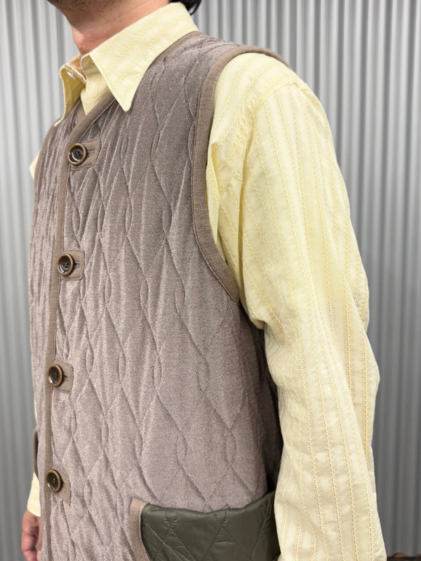 【m's braque】SILK-LOFT QUILTING CAR LONG VEST / Mocha Mesh × Khaki Trim