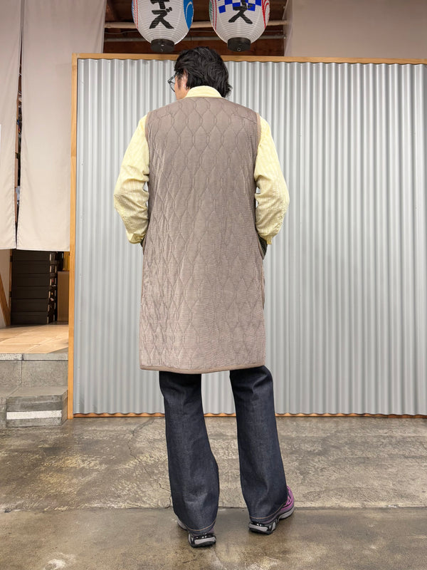 【m's braque】SILK-LOFT QUILTING CAR LONG VEST / Mocha Mesh × Khaki Trim
