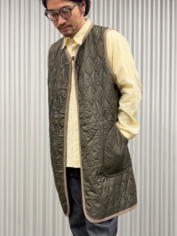 【m's braque】SILK-LOFT QUILTING CAR LONG VEST / Mocha Mesh × Khaki Trim