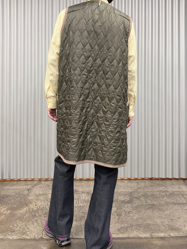 【m's braque】SILK-LOFT QUILTING CAR LONG VEST / Mocha Mesh × Khaki Trim