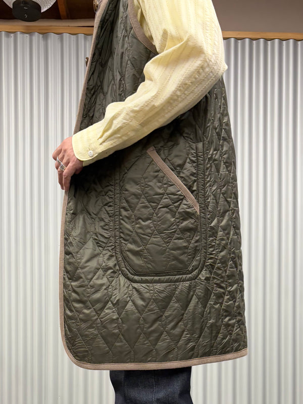 【m's braque】SILK-LOFT QUILTING CAR LONG VEST / Mocha Mesh × Khaki Trim