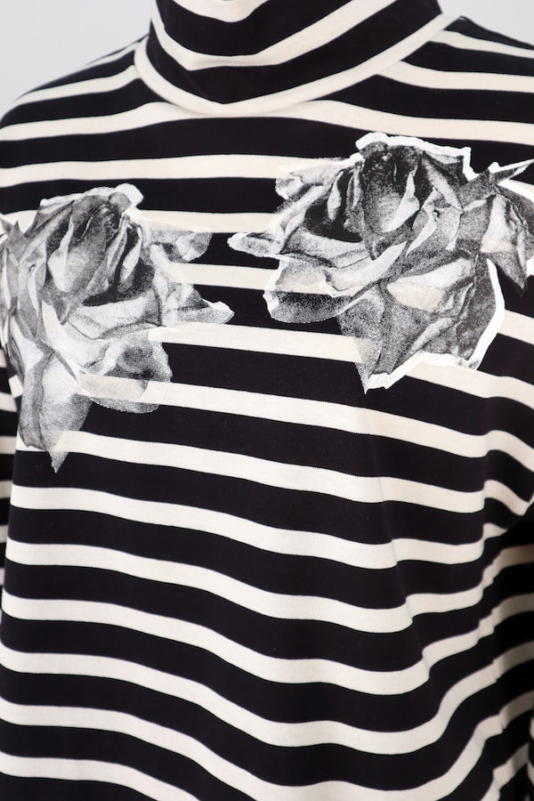 【RURI W. / ルリ】STRIPE ROSE PRINT T-SHIRT / Black × Ivory