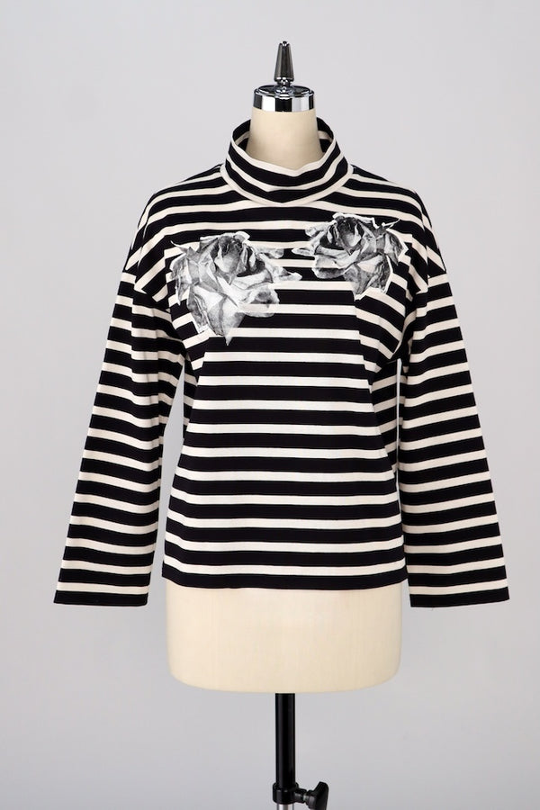 【RURI W. / ルリ】STRIPE ROSE PRINT T-SHIRT / Black × Ivory