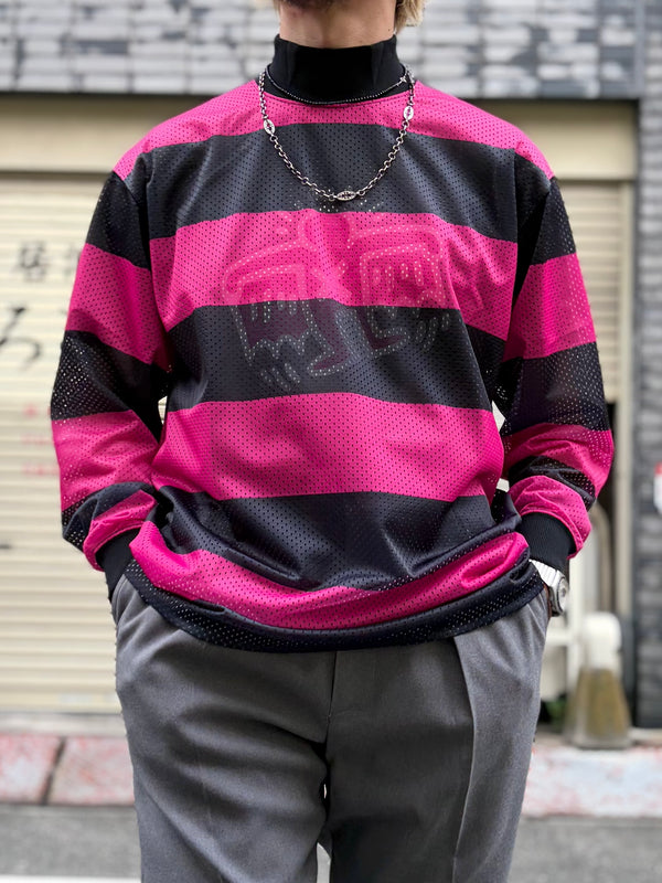 【 SHIDEN 】L/S MOCK NECK TEE - STRIPE MESH - / Black × Pink