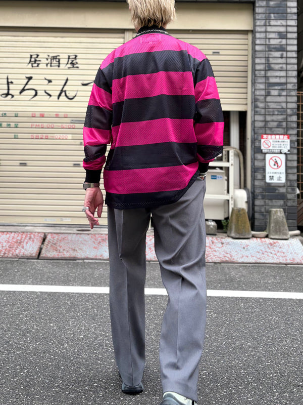 【 SHIDEN 】L/S MOCK NECK TEE - STRIPE MESH - / Black × Pink