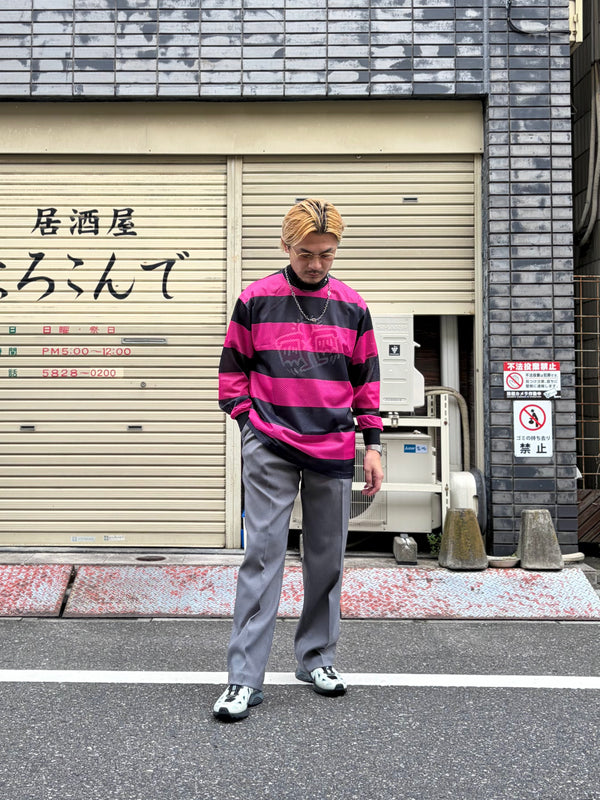 【 SHIDEN 】L/S MOCK NECK TEE - STRIPE MESH - / Black × Pink