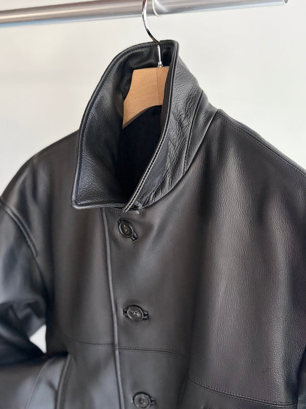 【 UNUSED 】LEATHER CAR COAT / Black
