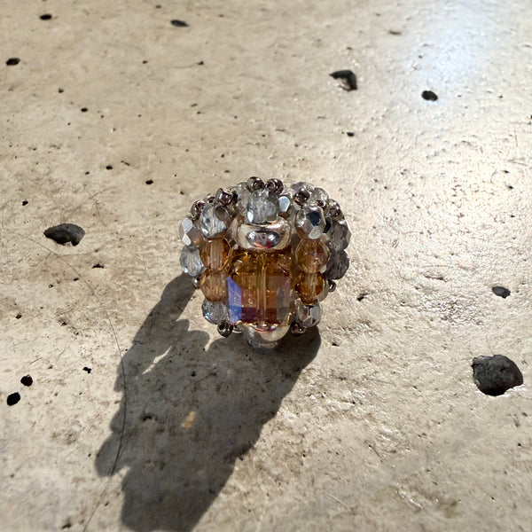 【 TIE A KNOT 】CRYSTAL BEADS RING with SILVER 925 / Beige × Clear #2