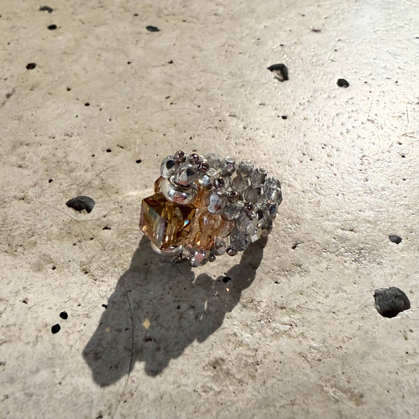 【 TIE A KNOT 】CRYSTAL BEADS RING with SILVER 925 / Beige × Clear #2