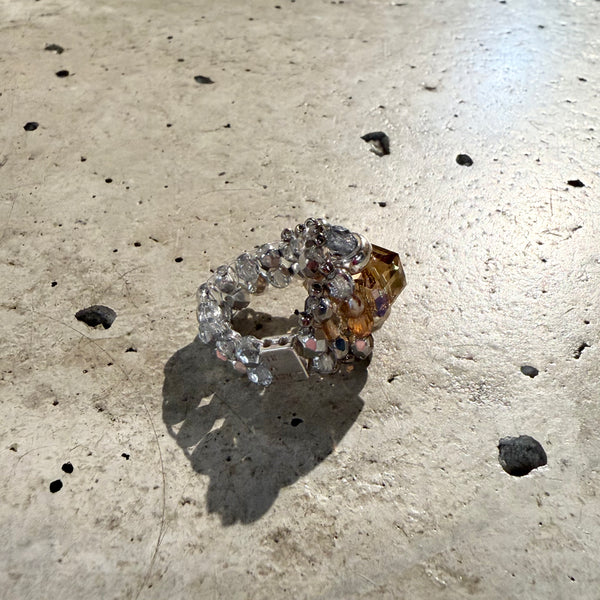 【 TIE A KNOT 】CRYSTAL BEADS RING with SILVER 925 / Beige × Clear #2