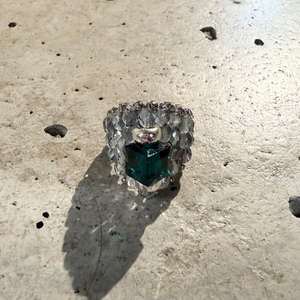 【 TIE A KNOT 】CRYSTAL BEADS RING with SILVER 925 / Emerald × Gray #3