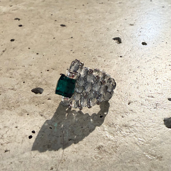 【 TIE A KNOT 】CRYSTAL BEADS RING with SILVER 925 / Emerald × Gray #3