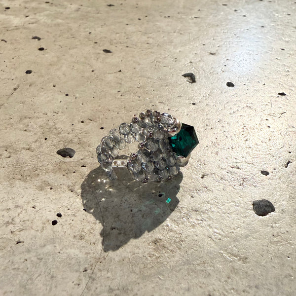 【 TIE A KNOT 】CRYSTAL BEADS RING with SILVER 925 / Emerald × Gray #3