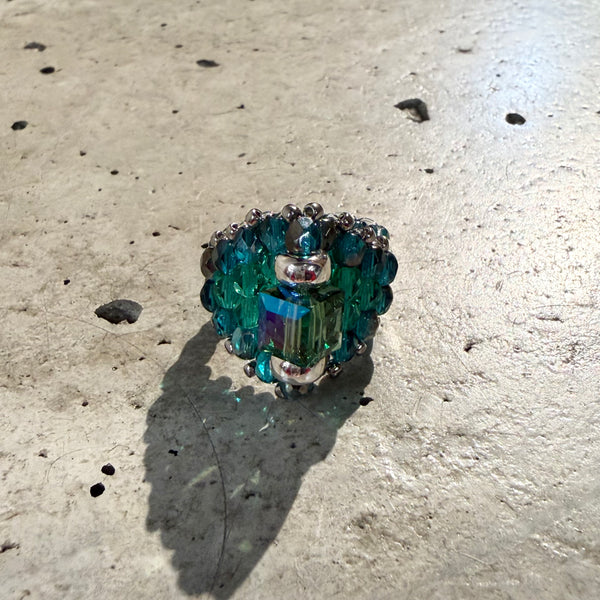 【 TIE A KNOT 】CRYSTAL BEADS RING with SILVER 925 / Green × Blue #11