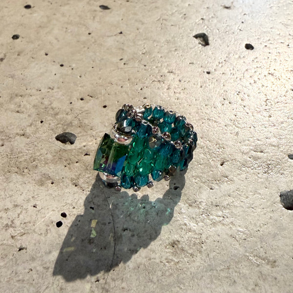 【 TIE A KNOT 】CRYSTAL BEADS RING with SILVER 925 / Green × Blue #11