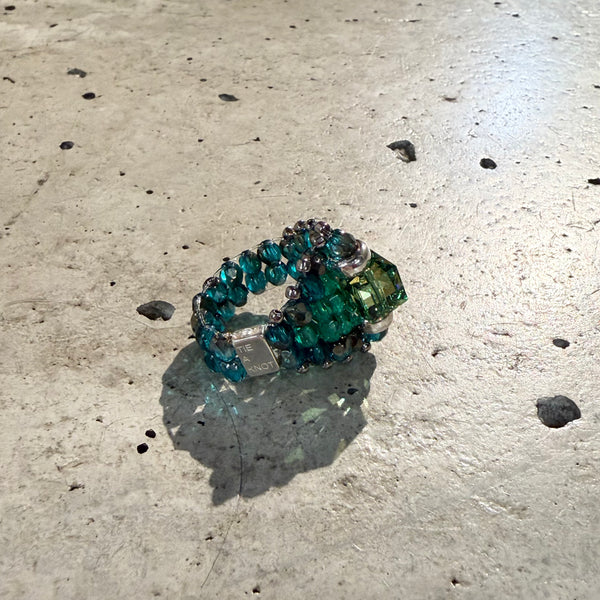 【 TIE A KNOT 】CRYSTAL BEADS RING with SILVER 925 / Green × Blue #11
