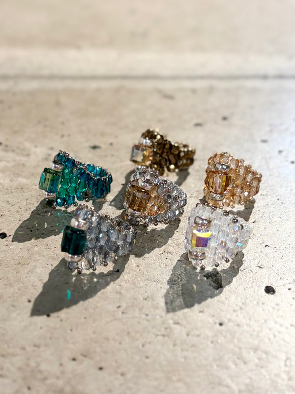 【 TIE A KNOT 】CRYSTAL BEADS RING with SILVER 925 / Clear × Clear #9