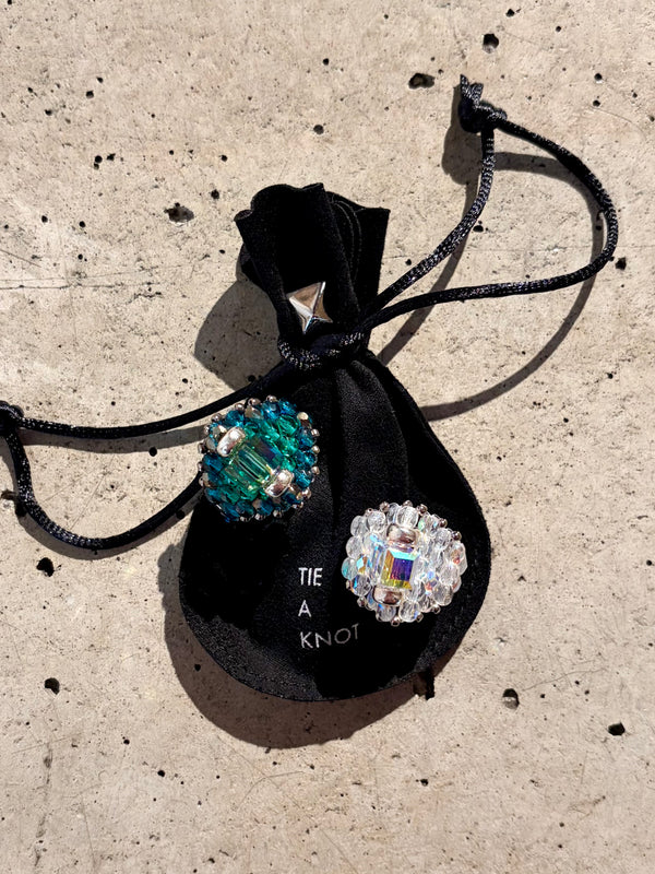 【 TIE A KNOT 】CRYSTAL BEADS RING with SILVER 925 / Green × Blue #11