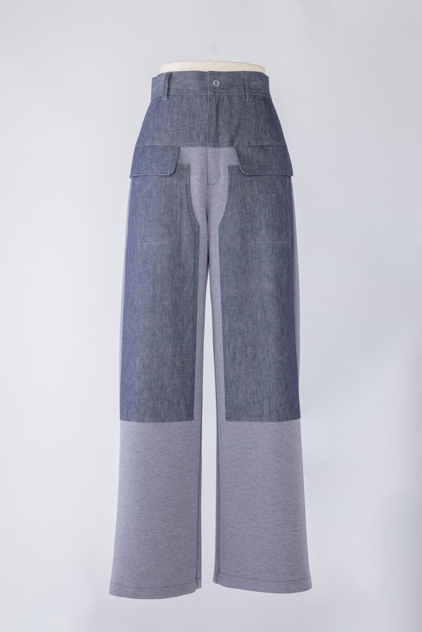 【RURI W. / ルリ】PATCHED DENIM SWEATPANTS / Blue Denim × Grey