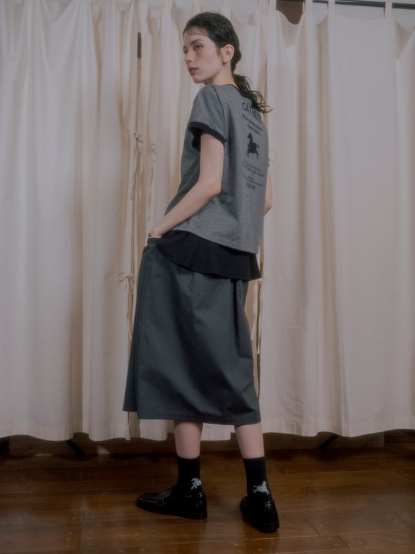 【RURI W. / ルリ】TUCKED POCKET HERRINGBONE SKIRT / Charcoal Gray