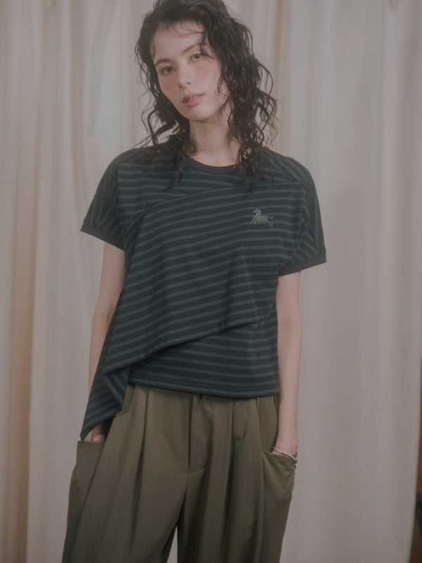【RURI W. / ルリ】EMD. HORSE STRIPED TEE  / Green × Navy