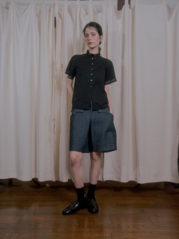 【RURI W. / ルリ】DOUBLE-LAYER FRILL NECK SHIRT / Black