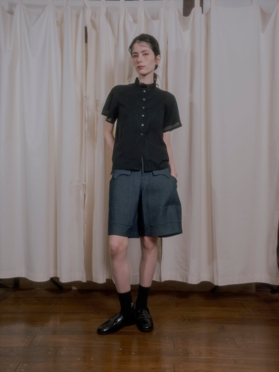 【RURI W. / ルリ】DOUBLE-LAYER FRILL NECK SHIRT / Black – TOKIS
