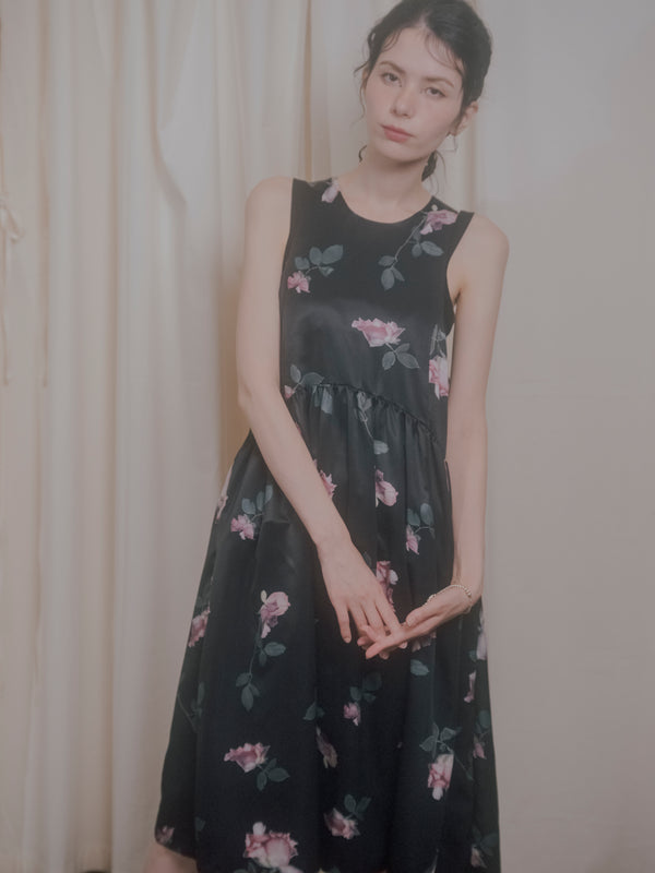 【RURI W. / ルリ】FLORAL COLLAGE PRINT DRESS / Black