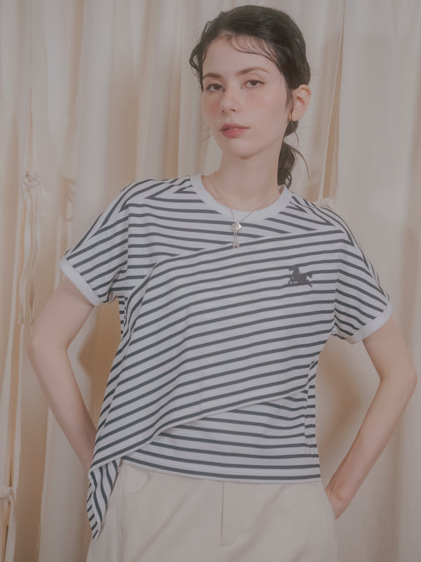 【RURI W. / ルリ】EMD. HORSE STRIPED TEE  / Off-White × Navy