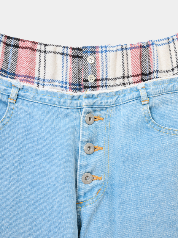 【 HOMMENA 】EXPOSED SKIN DENIM PANTS / Red Check ( Flannel )