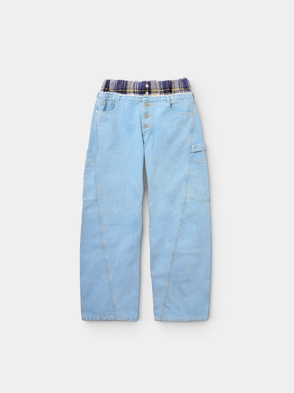 【 HOMMENA 】EXPOSED SKIN DENIM PANTS / Blue Check ( Flannel )
