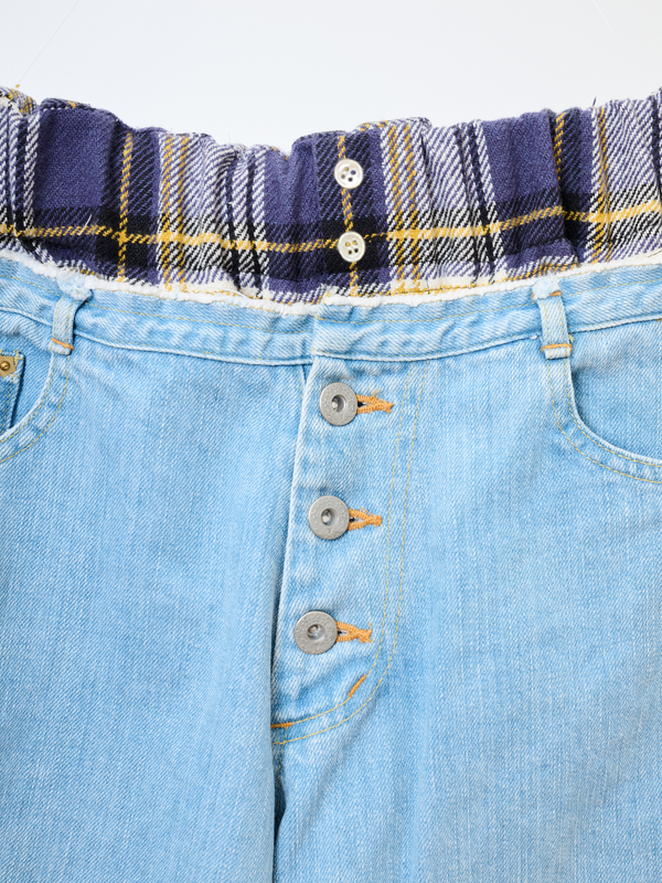 【 HOMMENA 】EXPOSED SKIN DENIM PANTS / Blue Check ( Flannel )