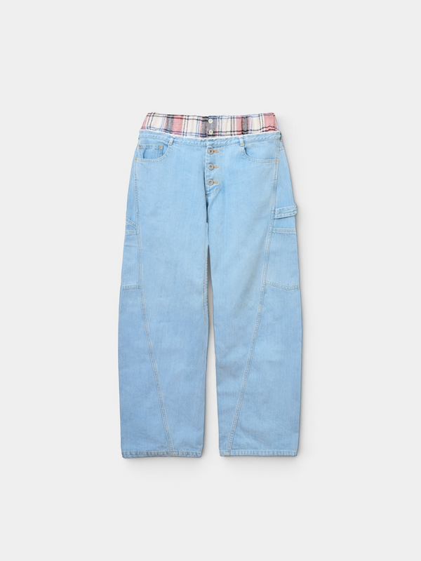 【 HOMMENA 】EXPOSED SKIN DENIM PANTS / Red Check ( Flannel )