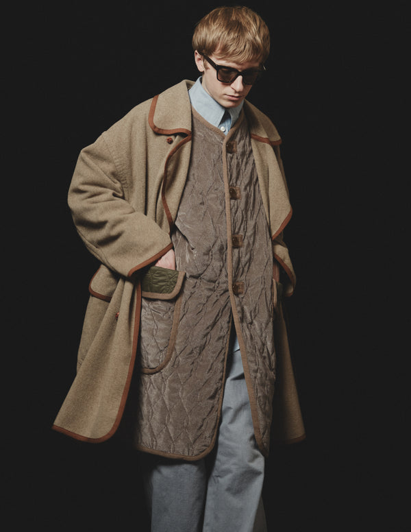 【m's braque】SILK-LOFT QUILTING CAR LONG VEST / Mocha Mesh × Khaki Trim