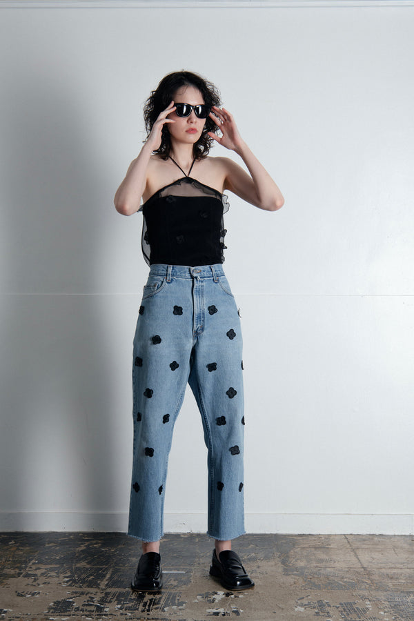 【 RIVER 】LEVIS REMAKE DENIM - BACK TUCK - / Black Flower